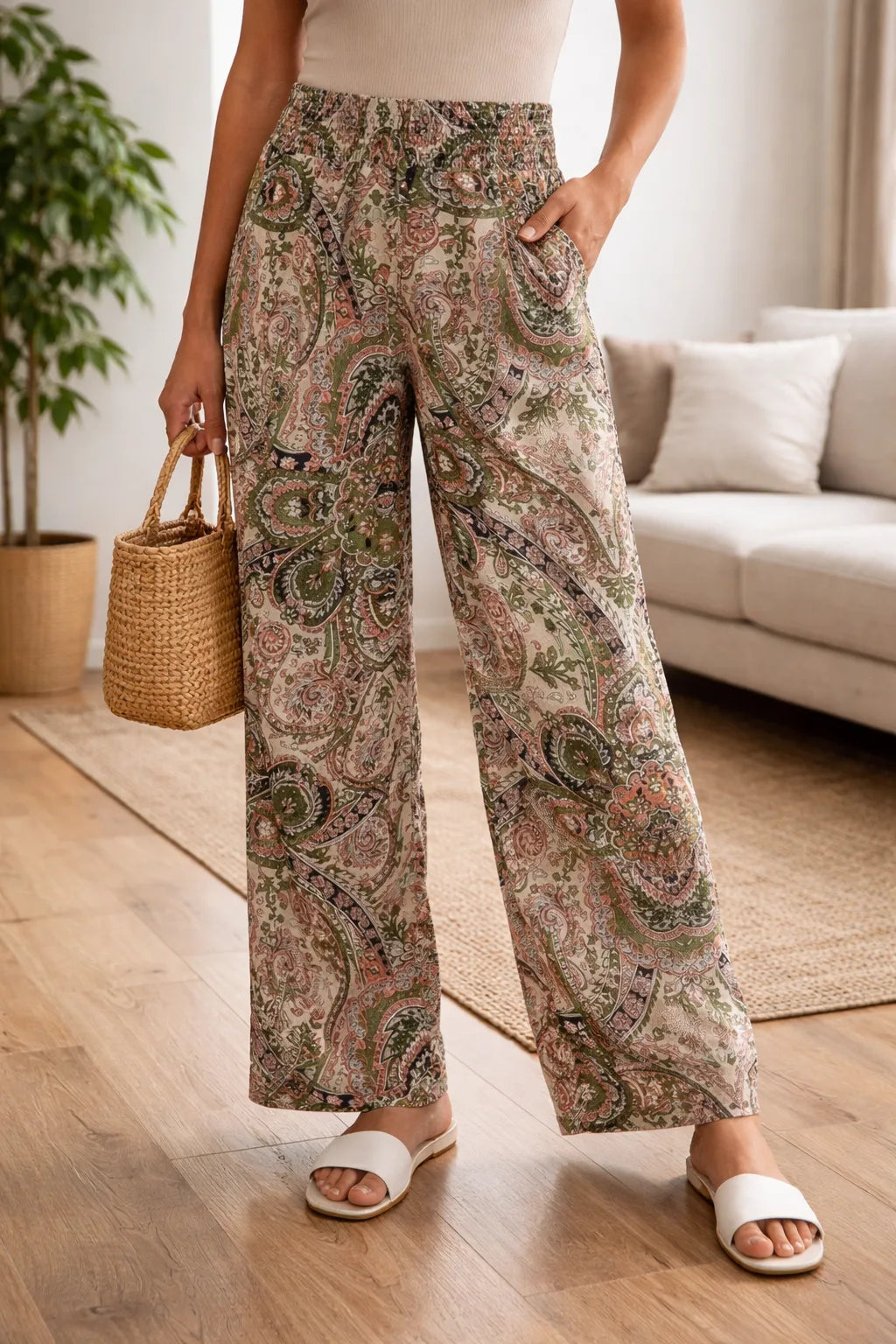 Aleksandra | Damskie Spodnie Palazzo z Szerokimi Nogawkami i Wzorem Paisley