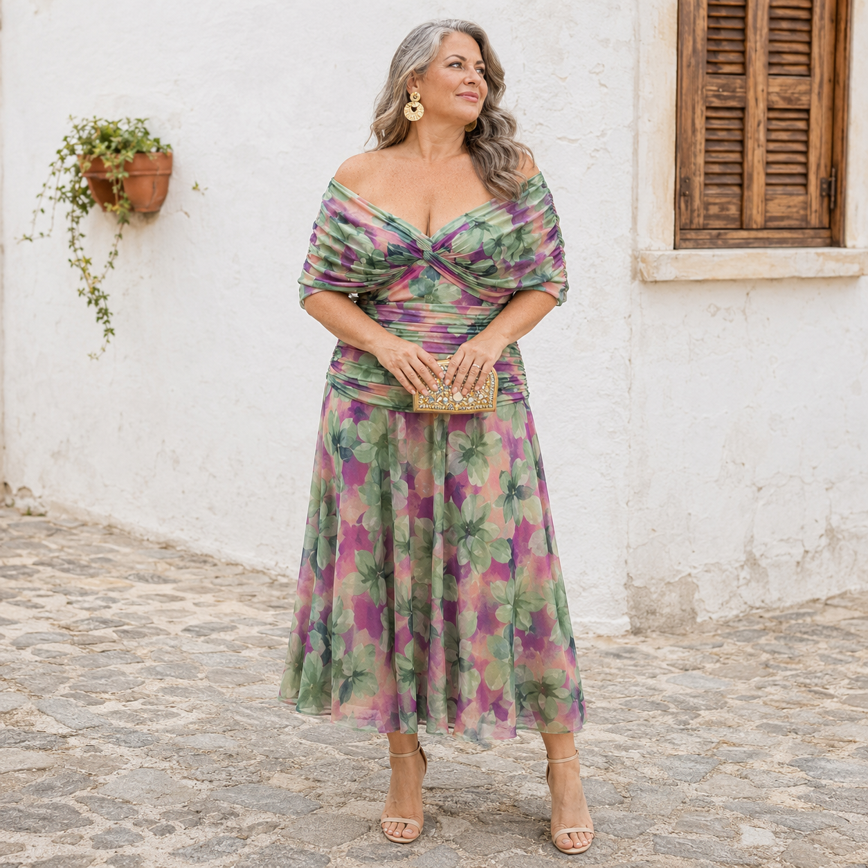 Florence |  Off Shoulder Ruched Floral Print Chiffon Midi Dress