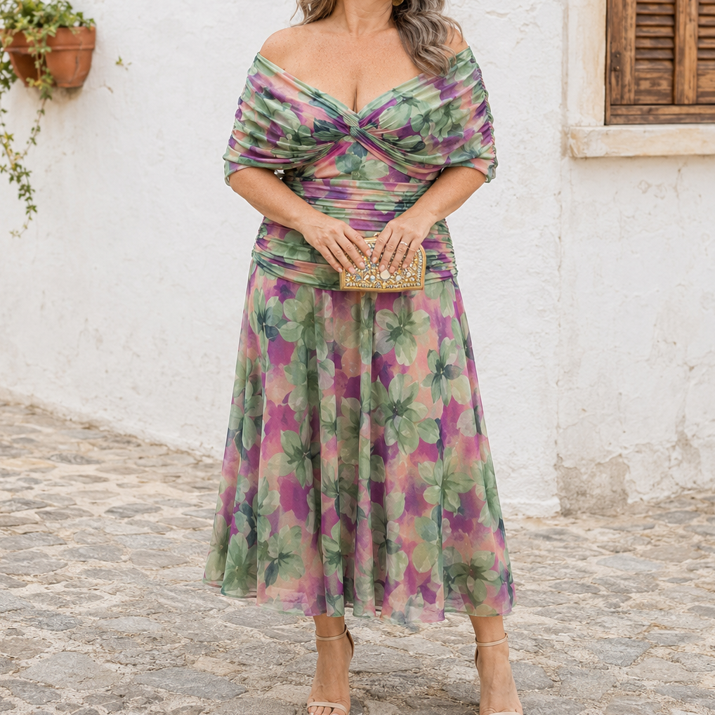 Florence |  Off Shoulder Ruched Floral Print Chiffon Midi Dress