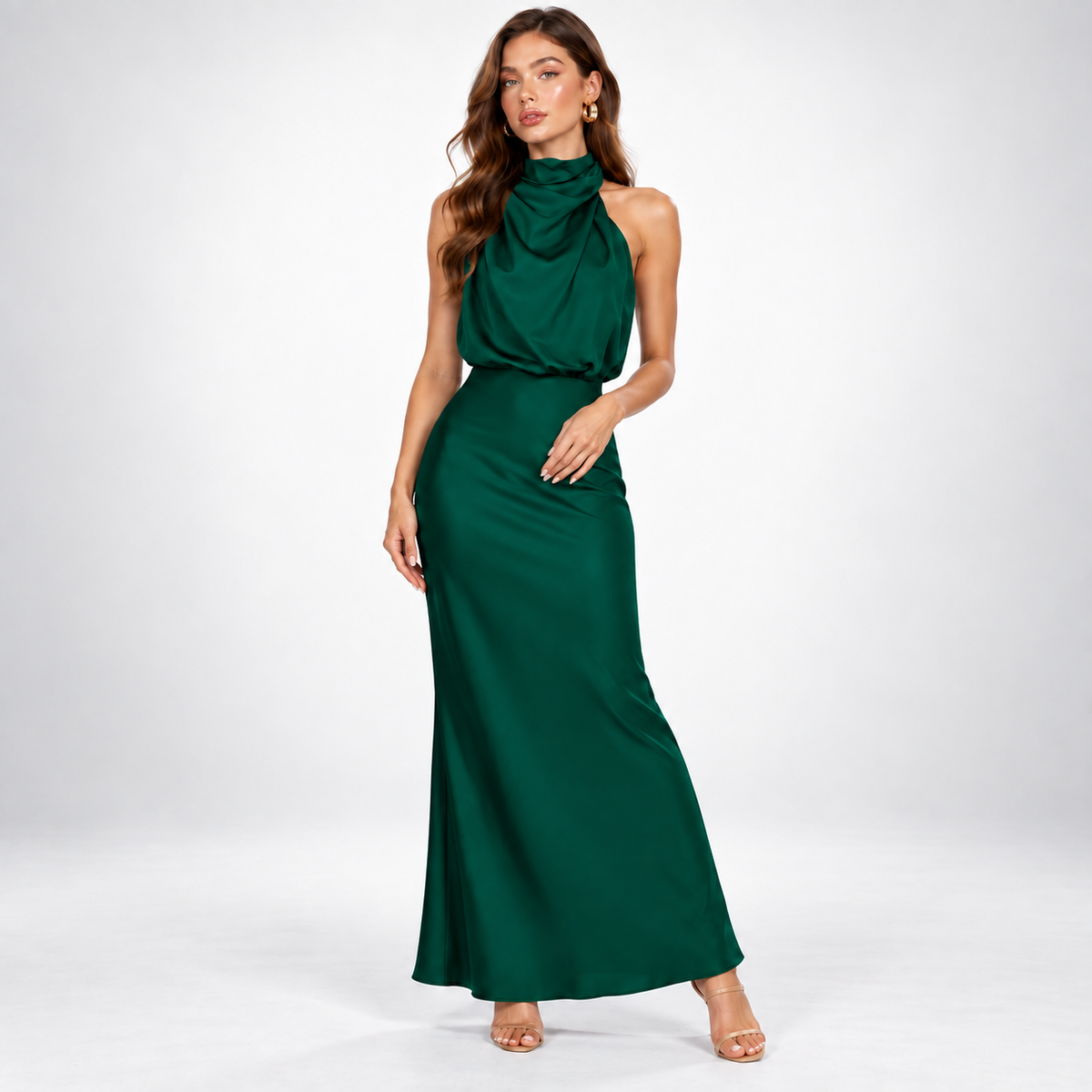 Milena | Elegancka satynowa sukienka midi z marszczeniem w talii