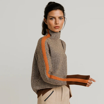 Barbara | Damski Sweter w Paski z Wysokim Kołnierzem