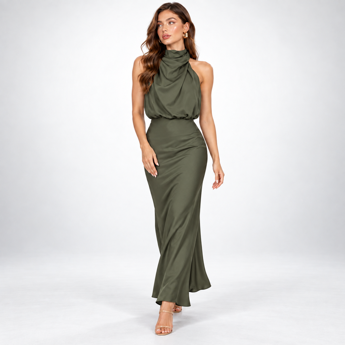 Milena | Elegancka satynowa sukienka midi z marszczeniem w talii