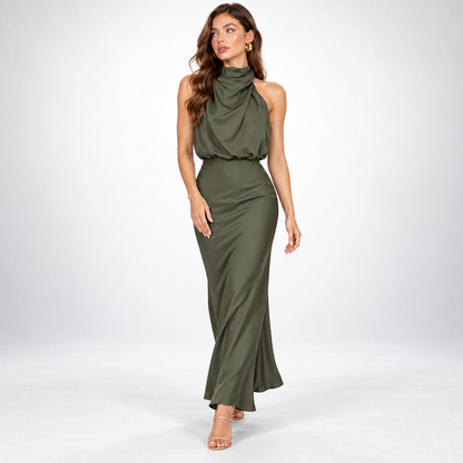 Milena | Elegancka satynowa sukienka midi z marszczeniem w talii