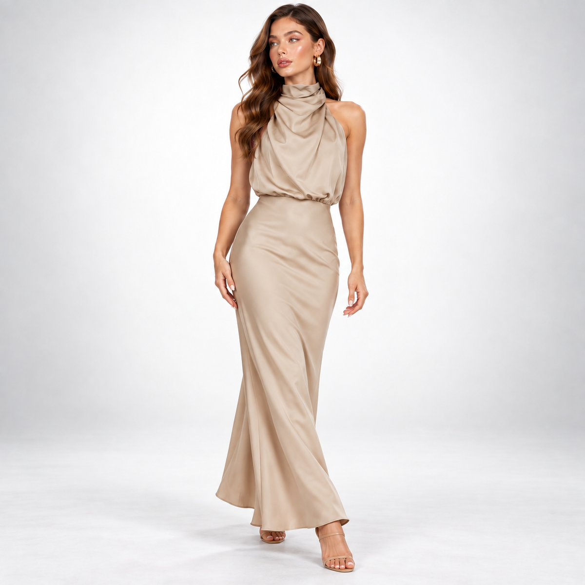 Milena | Elegancka satynowa sukienka midi z marszczeniem w talii