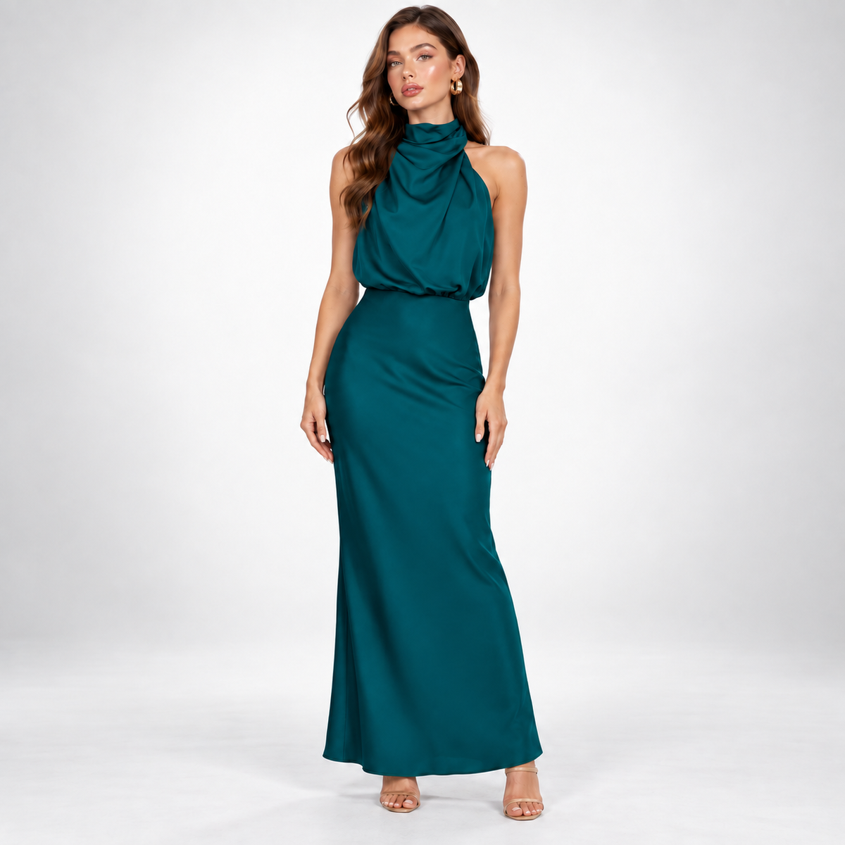 Milena | Elegancka satynowa sukienka midi z marszczeniem w talii