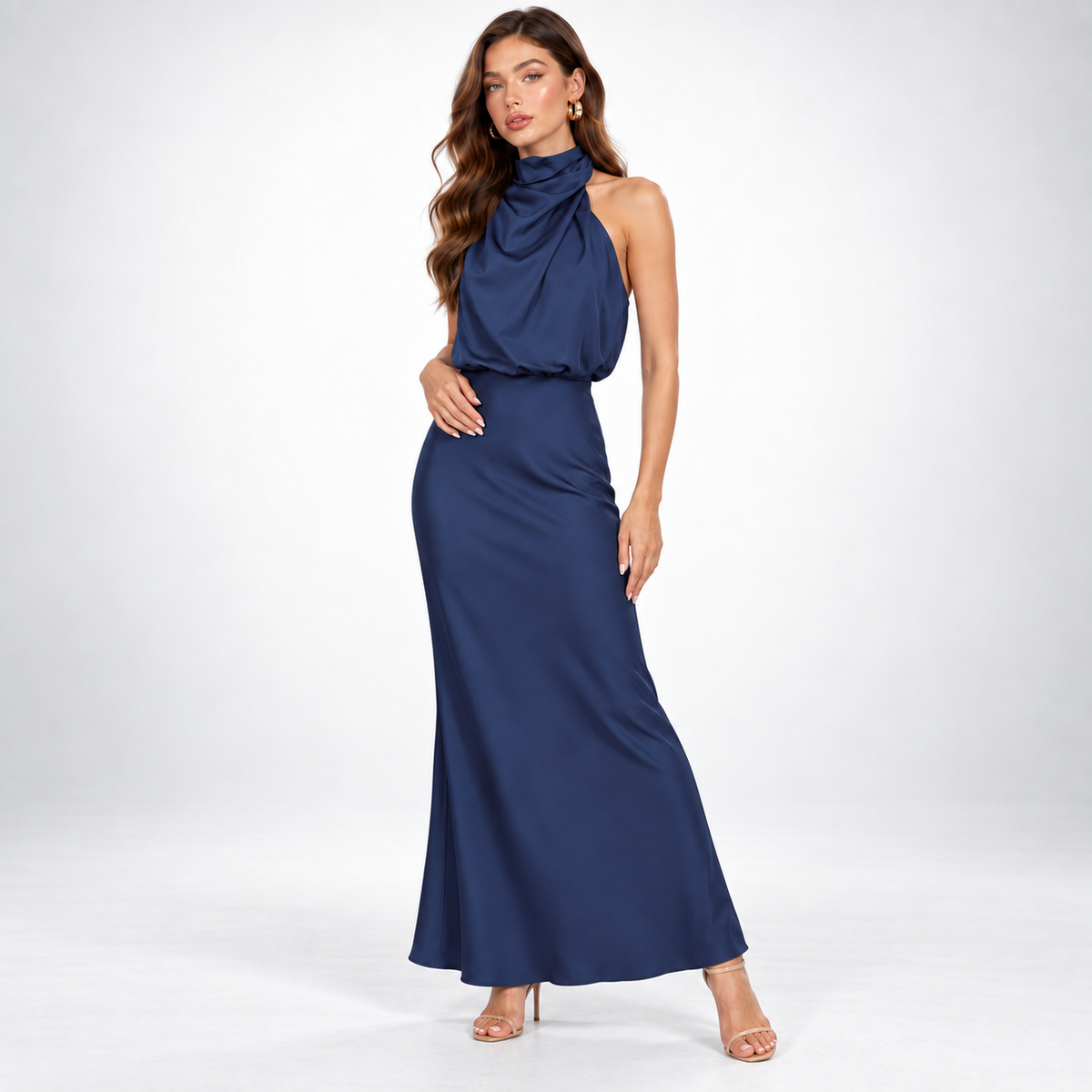 Milena | Elegancka satynowa sukienka midi z marszczeniem w talii