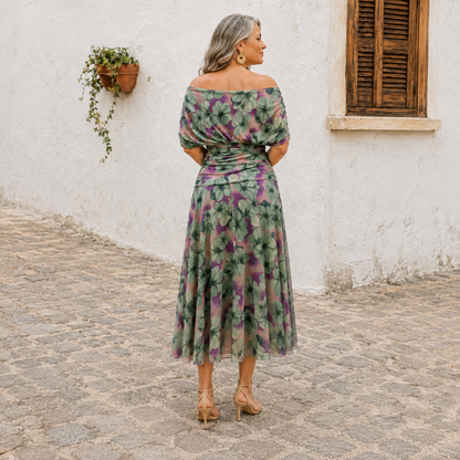 Florence |  Off Shoulder Ruched Floral Print Chiffon Midi Dress