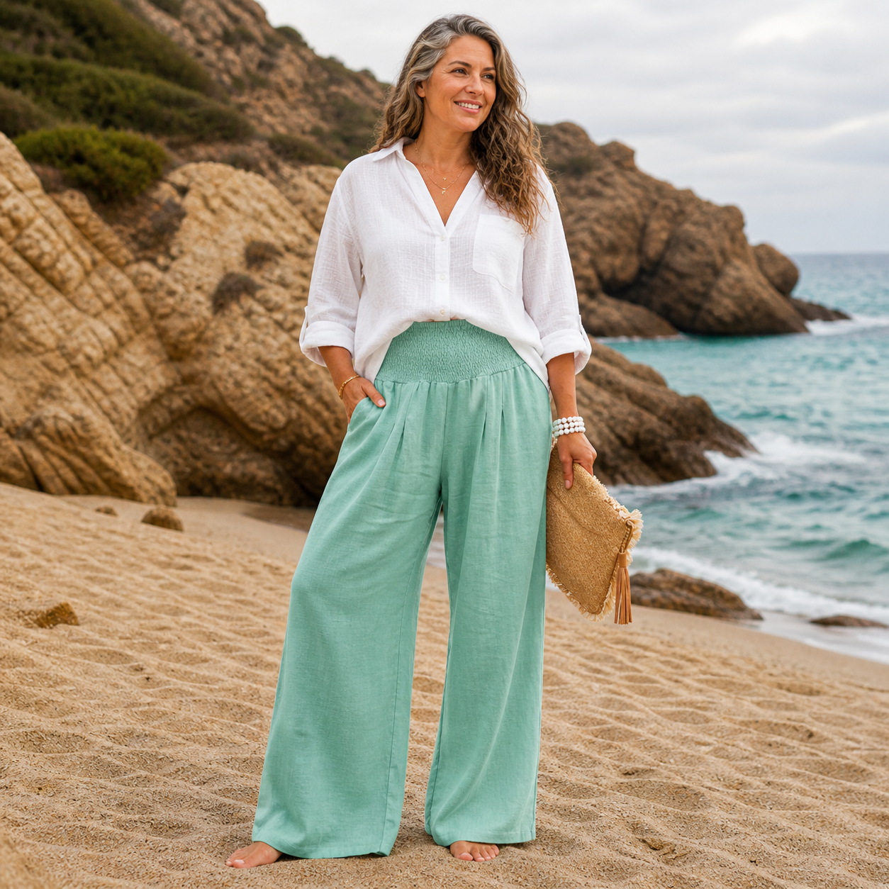 Arielle | Elastic Waist Wide-Leg Cotton Blend Pants