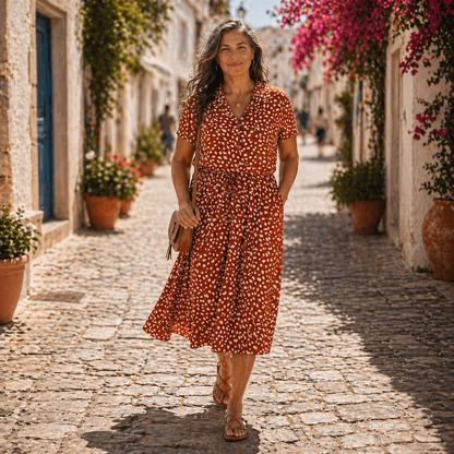 Solara | Rust Printed Floral Midi Shirt Dress