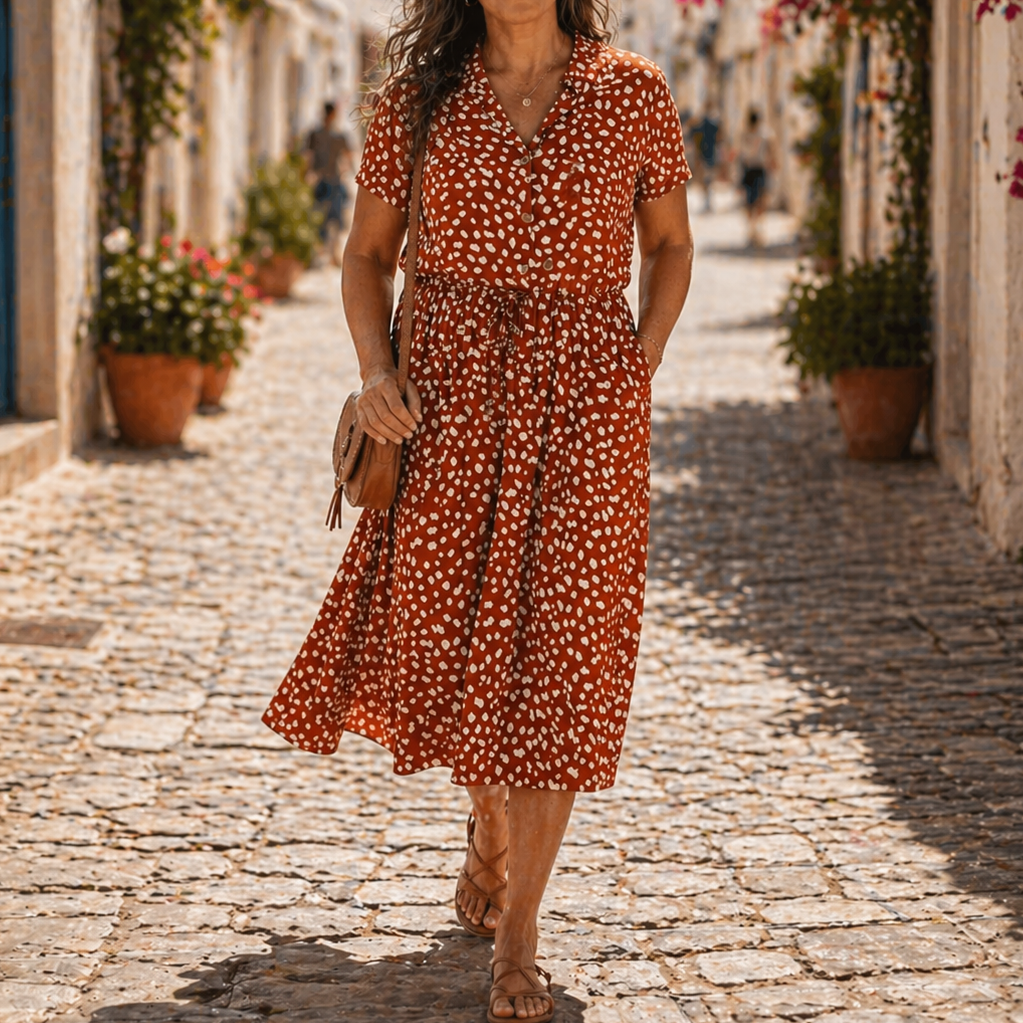 Solara | Rust Printed Floral Midi Shirt Dress