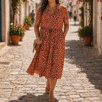 Solara | Rust Printed Floral Midi Shirt Dress