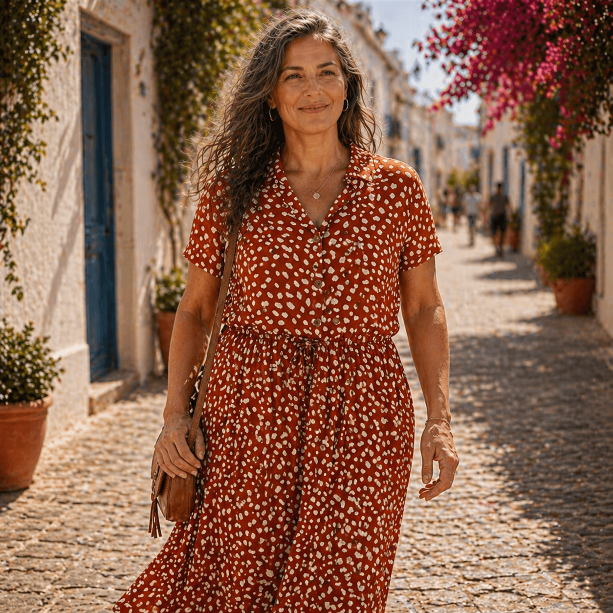 Solara | Rust Printed Floral Midi Shirt Dress