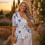 Pamela | Blue Floral Lace Trim Blouse