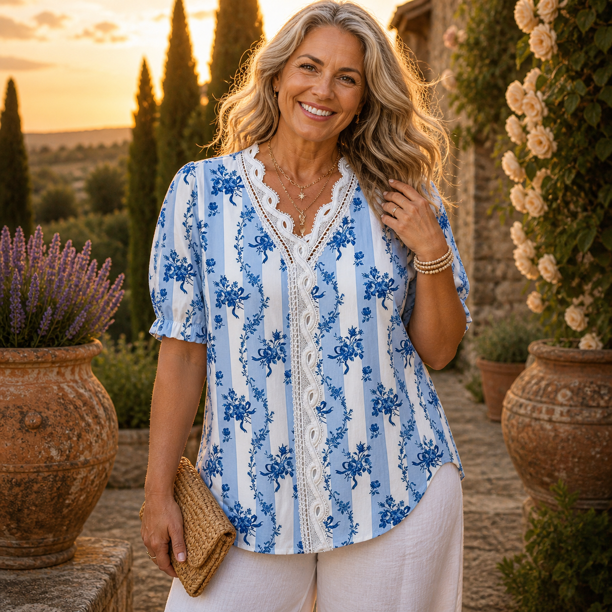 Pamela | Blue Floral Lace Trim Blouse