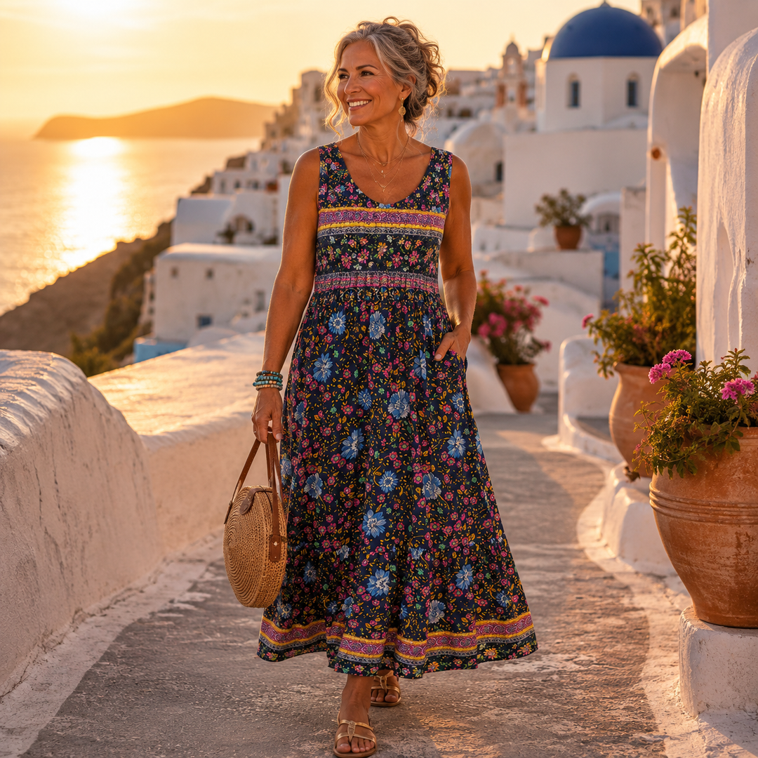 Madeline | Boho Floral Sleeveless Midi Dress