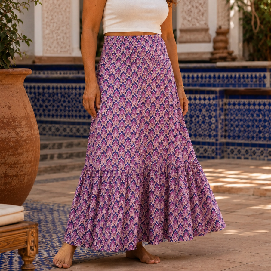 Amara | Boho Tiered Maxi Skirt in Ornamental Print
