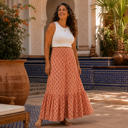 Amara | Boho Tiered Maxi Skirt in Ornamental Print