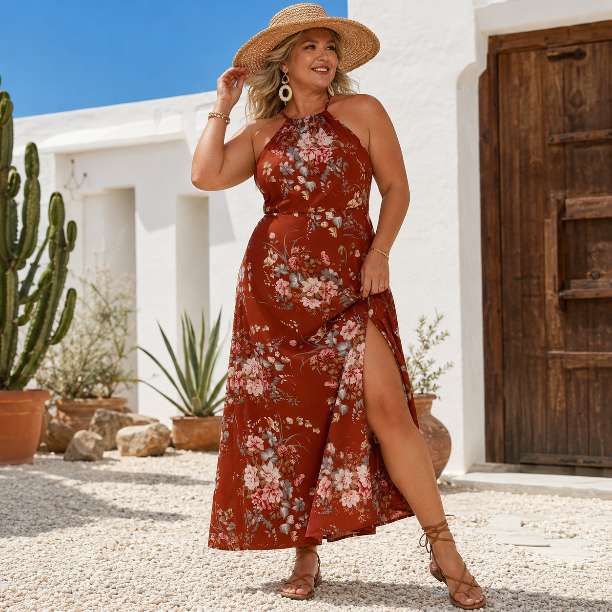Gloria | Halter Floral Midi Dress with Side Slit