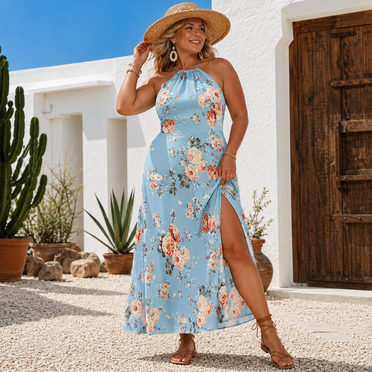Gloria | Halter Floral Midi Dress with Side Slit
