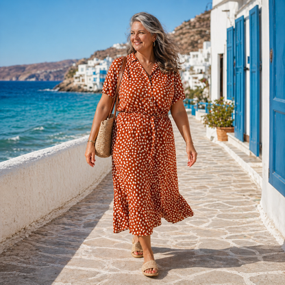 Solara | Rust Printed Floral Midi Shirt Dress