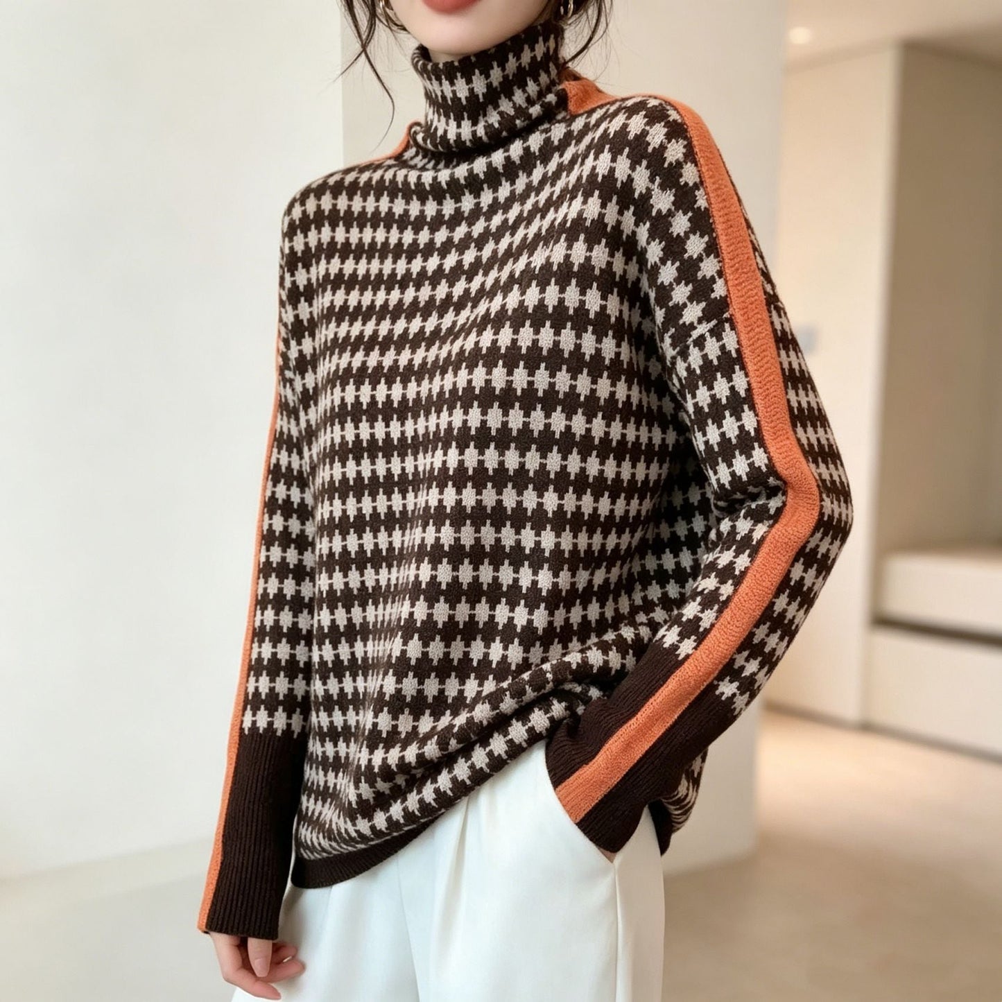 Barbara | Damski Sweter w Paski z Wysokim Kołnierzem