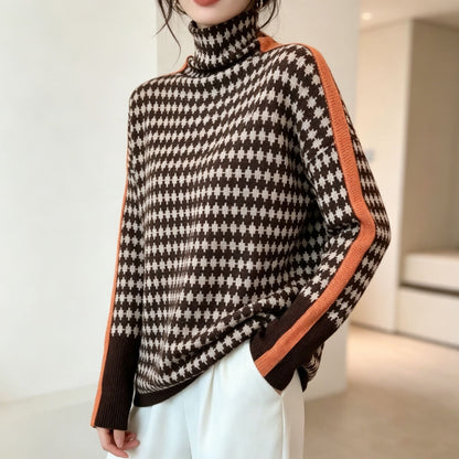 Barbara | Damski Sweter w Paski z Wysokim Kołnierzem