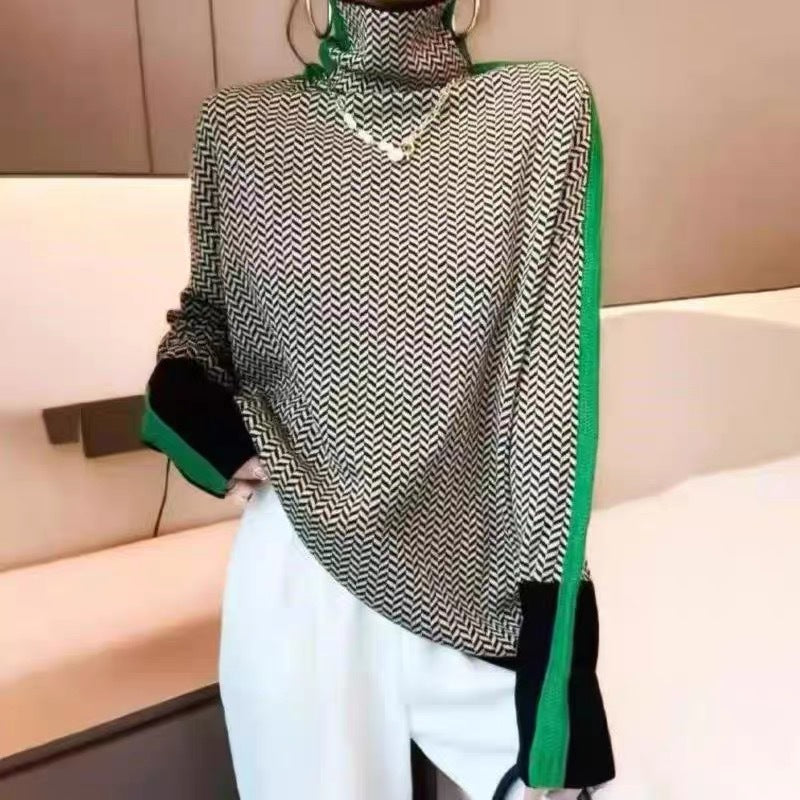 Barbara | Damski Sweter w Paski z Wysokim Kołnierzem