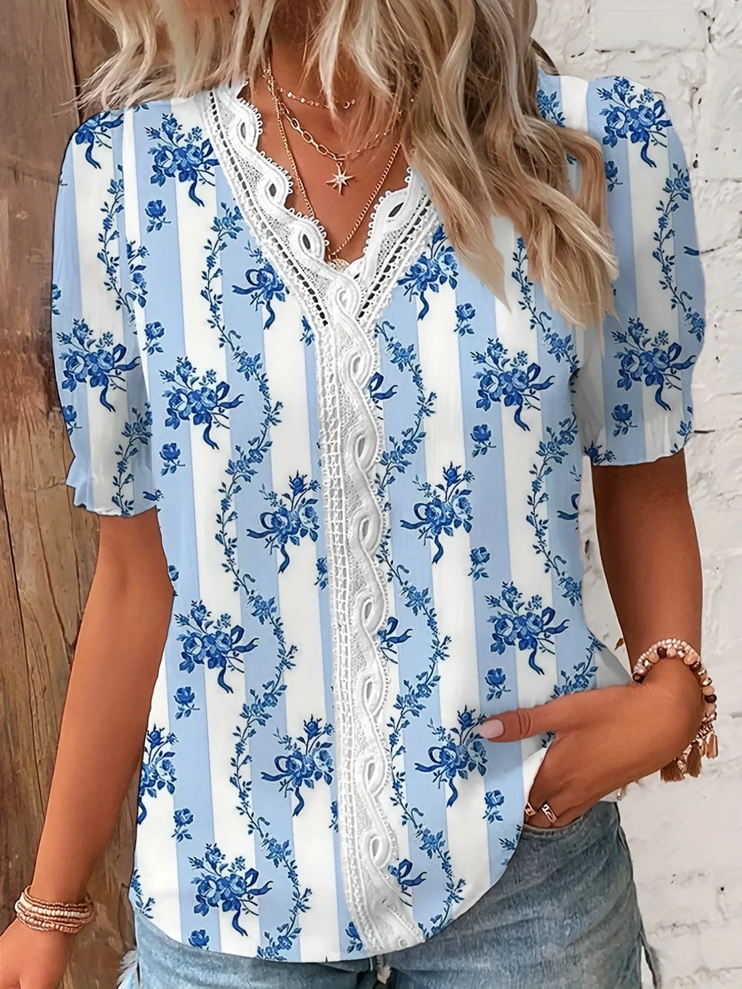 Pamela | Blue Floral Lace Trim Blouse