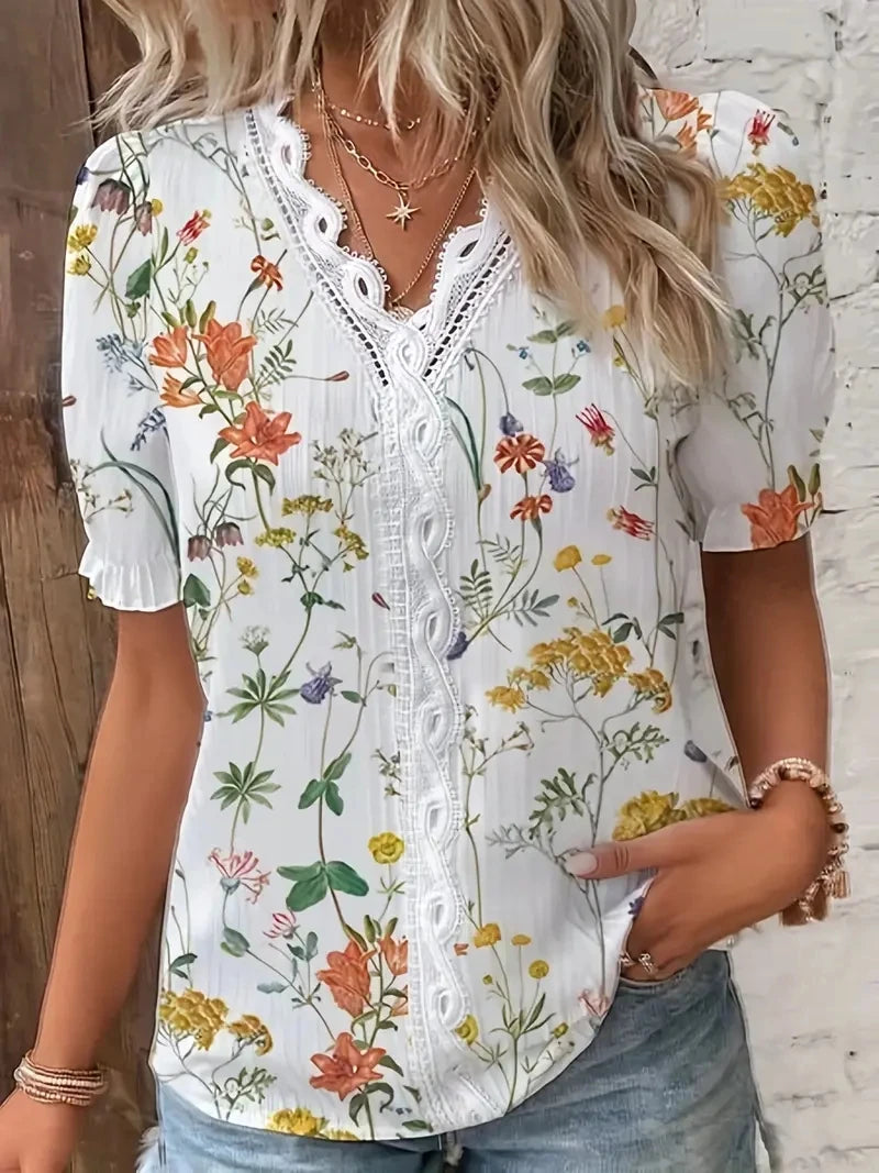 Pamela | Blue Floral Lace Trim Blouse