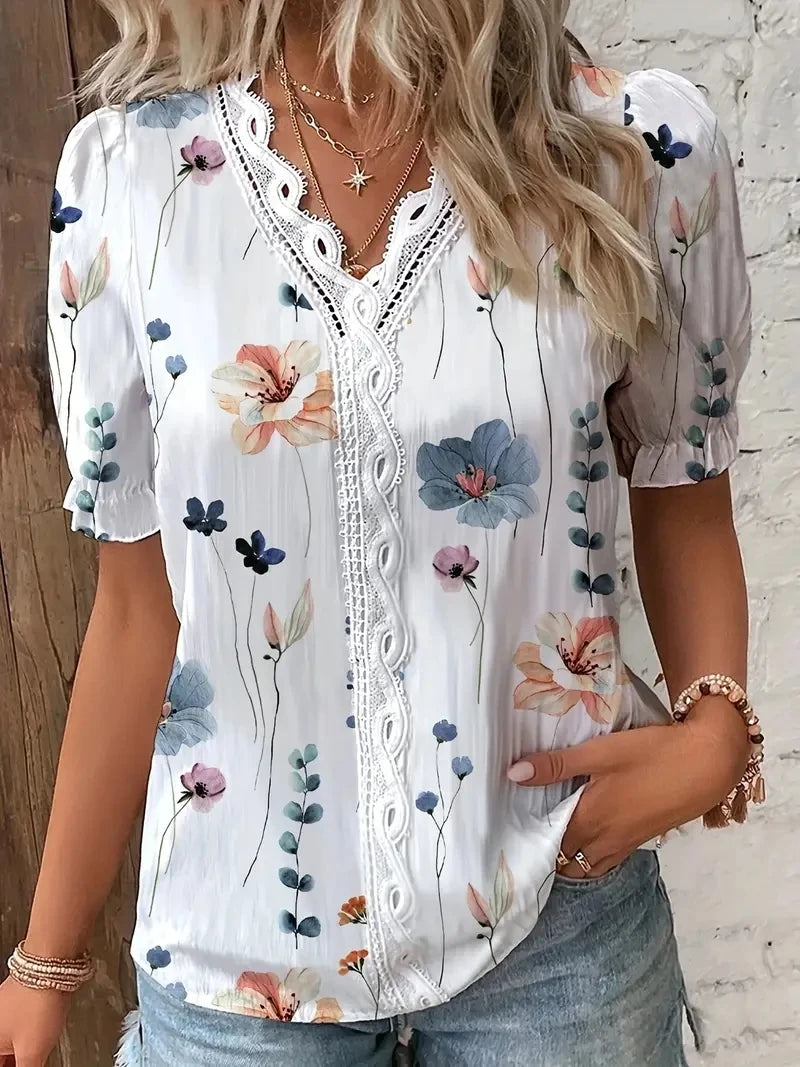 Pamela | Blue Floral Lace Trim Blouse