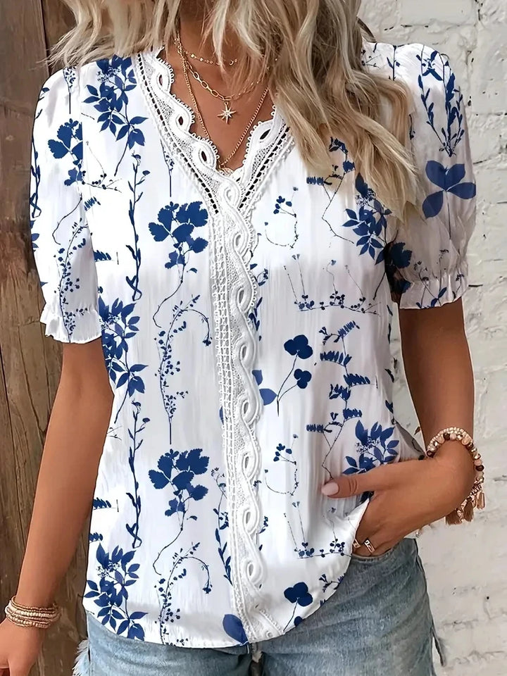 Pamela | Blue Floral Lace Trim Blouse