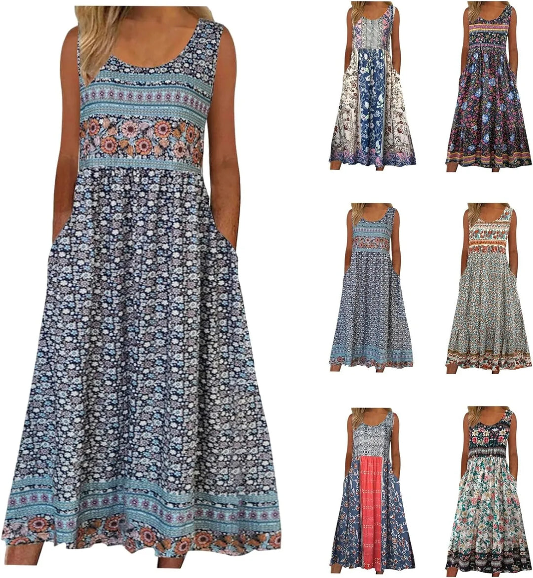 Madeline | Boho Floral Sleeveless Midi Dress