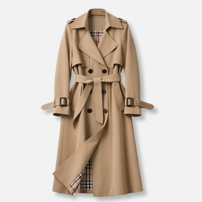 Bożena | Długi Damski Trencz Dwurzędowy z Paskiem w Talii