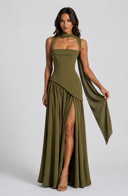 Marlena | Elegancka Damska Sukienka Maxi z Satynowym Wykończeniem