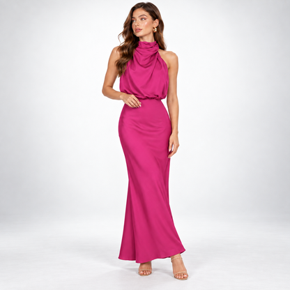 Milena | Elegancka satynowa sukienka midi z marszczeniem w talii