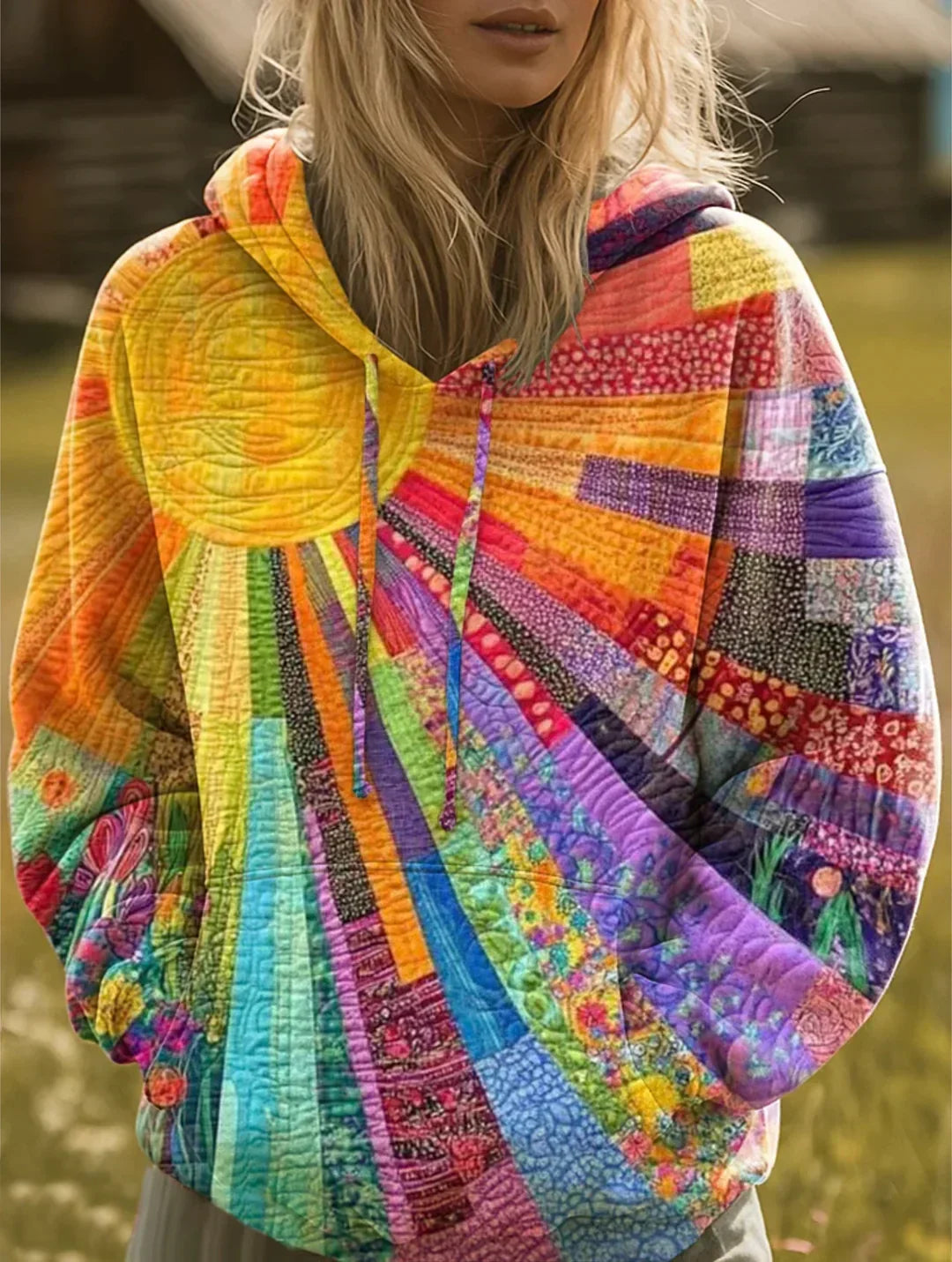 Damska bluza z kapturem patchwork w stylu boho